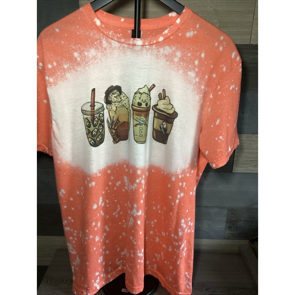 Gildan Size L Orange Bleached Horror Coffee Halloween Graphic T-Shirt, Slasher